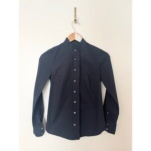 J.Crew Black Ruffle Collar Button Down Shirt Long Sleeve Blouse Business | XXS